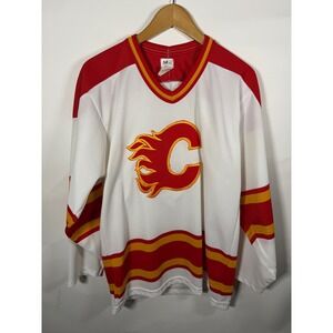 Vintage Calgary‎ Flames Maska Hockey Jersey Mens Small White Yellow NHL Canada
